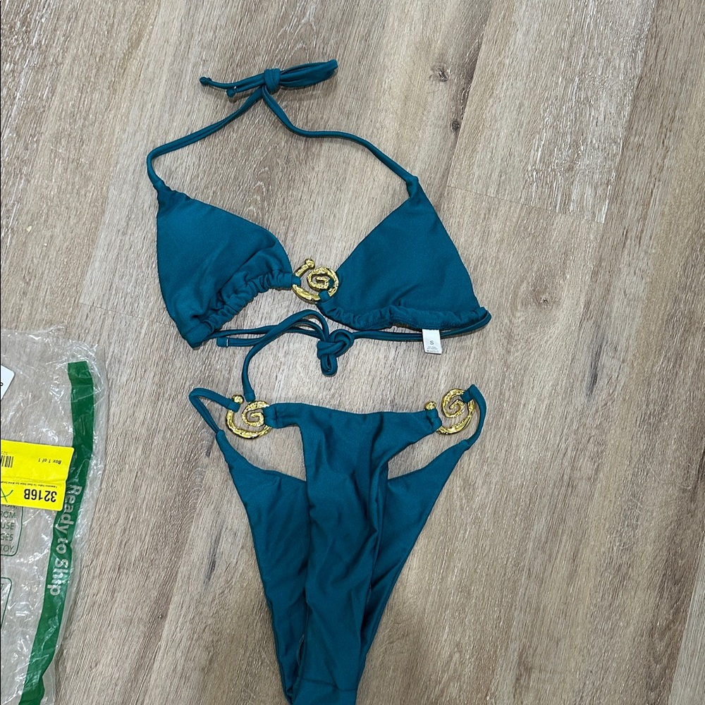 Teal Bikini Set with Gold Accents halter tie small